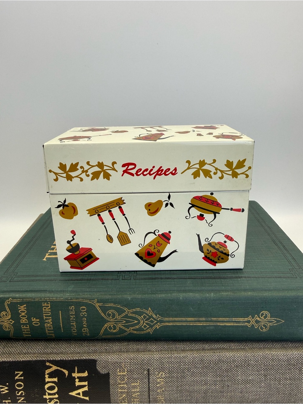 Vintage Tin Recipe Box Ohio Art Lithograph Metal Kitchen Utensils Coffee Pots